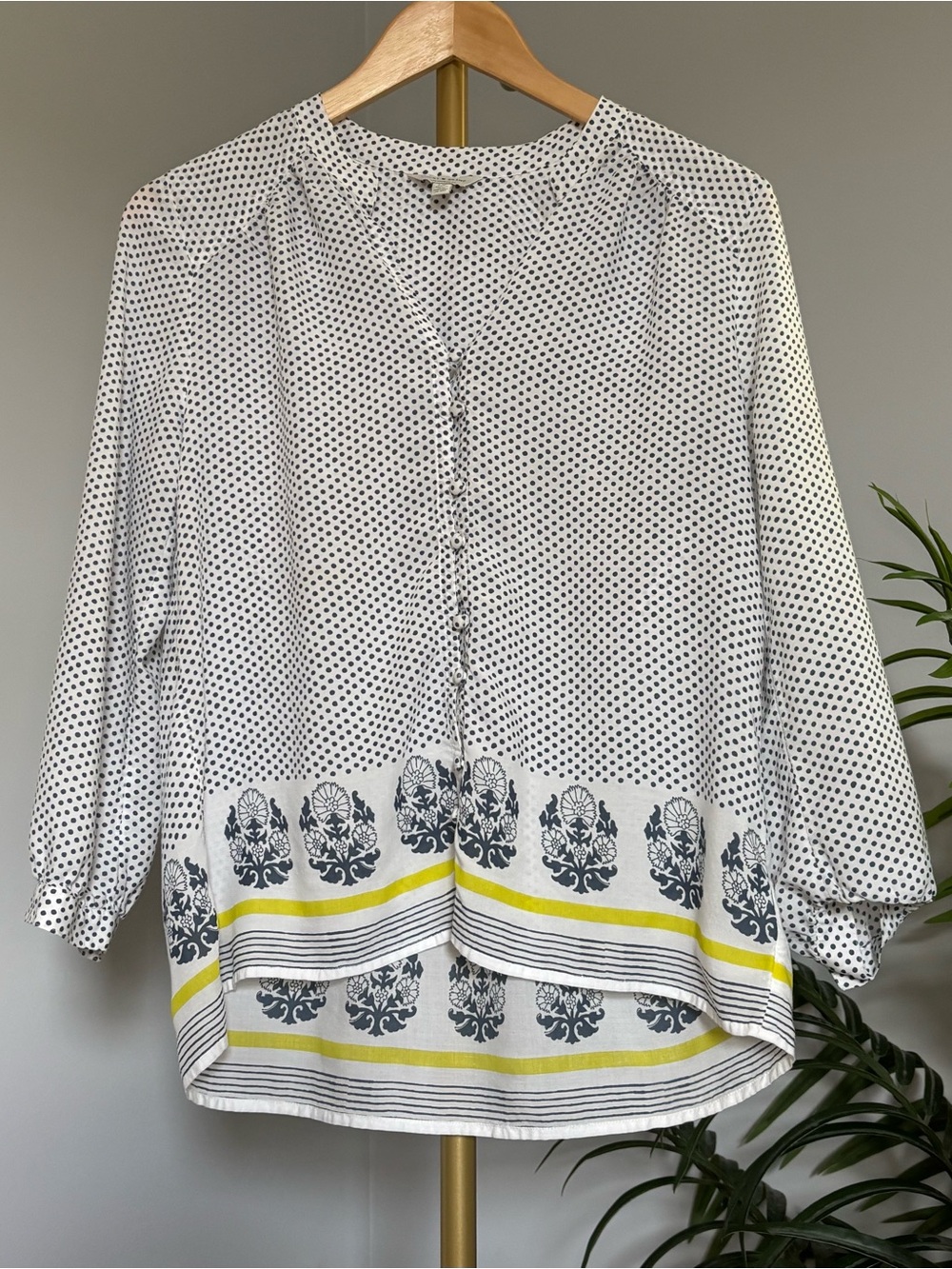 Lucky Brand White Polka Dot Blouse with Navy and Yellow Border